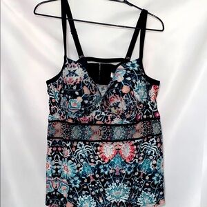 Swim by Cacique Swim Top size 42DD TRUE BUILT IN BRA Black and Blue Patterned